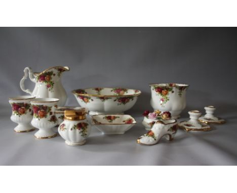 A SELECTION OF ROYAL ALBERT OLD COUNTRY ROSES FINE BONE CHINA, to include a fruit bowl - Dia. 24 cm, a water jug,  table ligh