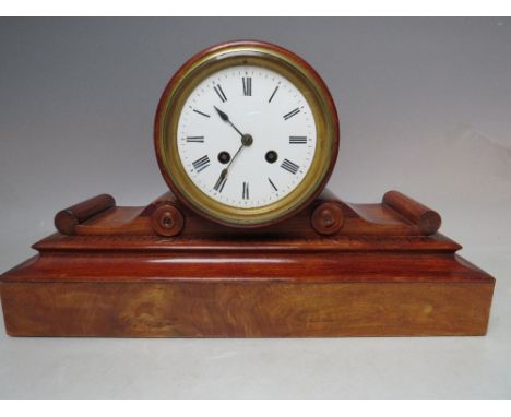 A MAHOGANY / WALNUT CASED DRUM HEAD MANTLE CLOCK, having painted detail to shoulders, enamel dial with Roman numerals and out