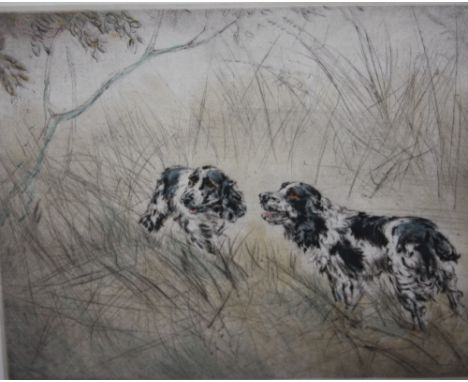 HENRY WILKINSON (1921-2011). Spaniels, etching in colours, signed in pencil, No 105/150, framed and glazed, 27 x 32 cm