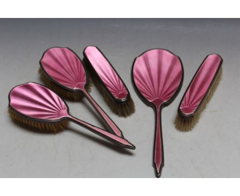 A FIVE PIECE HALLMARKED SILVER GUILLOCHE ENAMEL DRESSING TABLE SET BY MAPPIN &amp; WEBB - LONDON 1930, consisting of four bru