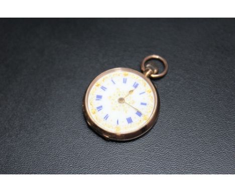  A HALLMARKED 9 CARAT GOLD OPEN FACED MANUAL WIND FOB WATCH, with gold inlay enamel dial and blue Roman numeral hour markers,