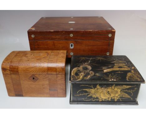 A SELECTION OF VINTAGE WOODEN BOXES, comprising an oak dome topped tea caddy, 17 x 9.5 x 11.5 cm, a lacquered box with chinoi