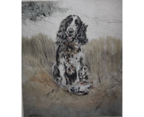 HENRY WILKINSON (1921-2011). Spaniel with dead game at foot, etching in colours, signed in pencil, No 45/150, framed and glaz