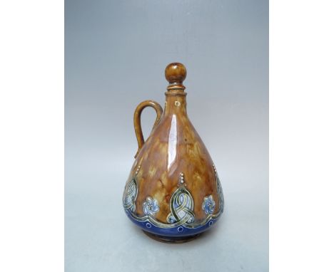 A LATE 19TH / EARLY 20TH CENTURY DOULTON LAMBETH STONEWARE LIQUEUR FLASK FOR JAMES BURROUGH LTD, with ceramic topped cork sto