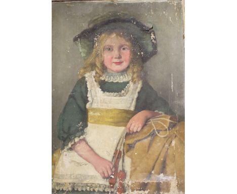 (XIX). A portrait study of a seated young girl with skipping rope, unsigned, oil on canvas, framed, A/F, 60 x 42 cm