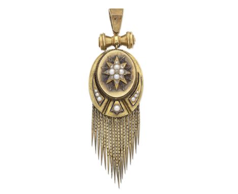 SEED PEARL, DIAMOND AND ENAMEL PENDANT, CIRCA 1850The centre of starburst design, set with seed pearls and rose-cut diamonds,