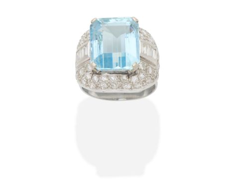 AQUAMARINE AND DIAMOND DRESS RINGSet with an octagonal-cut aquamarine, within a mount pavé-set with single-cut diamonds, betw