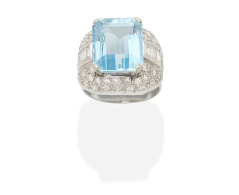 AQUAMARINE AND DIAMOND DRESS RINGSet with an octagonal-cut aquamarine, within a mount pavé-set with single-cut diamonds, betw