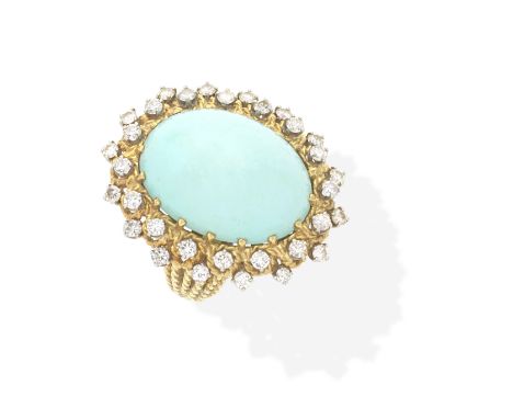 TURQUOISE AND DIAMOND DRESS RING, CIRCA 1970The turquoise cabochon, within an openwork surround of brilliant-cut diamonds, th