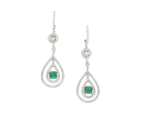 EMERALD AND DIAMOND PENDENT EARRINGSEach brilliant-cut diamond hoop surmount, suspending a diamond halo cluster and an openwo