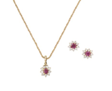 RUBY AND DIAMOND CLUSTER EARRINGS AND PENDANT/NECKLACE SUITEEach set with an oval-cut ruby within a brilliant-cut diamond sur