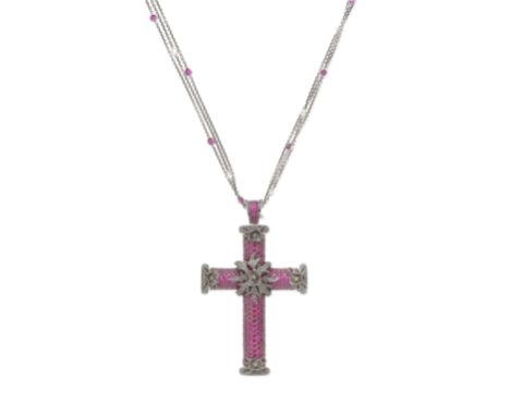 THEO FENNELL: RUBY AND DIAMOND CROSS PENDANT/NECKLACE, 2006The cross pavé-set with circular-cut rubies and treated black diam