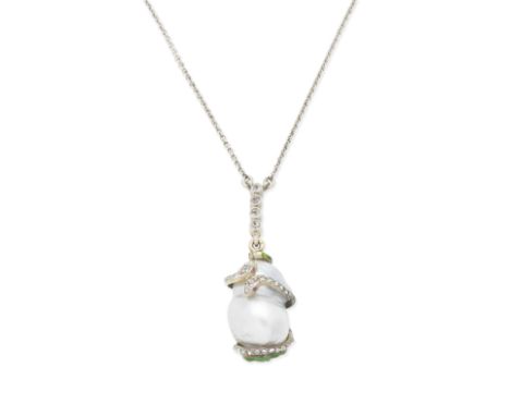 CULTURED PEARL AND ENAMEL SNAKE PENDANT, EARLY 20TH CENTURYThe two serpents, set with old brilliant and rose-cut diamonds, de