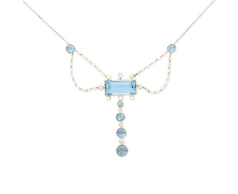 AQUAMARINE, DIAMOND AND SEED PEARL NECKLACEThe rectangular step-cut aquamarine, issuing an alternating series of old brillian