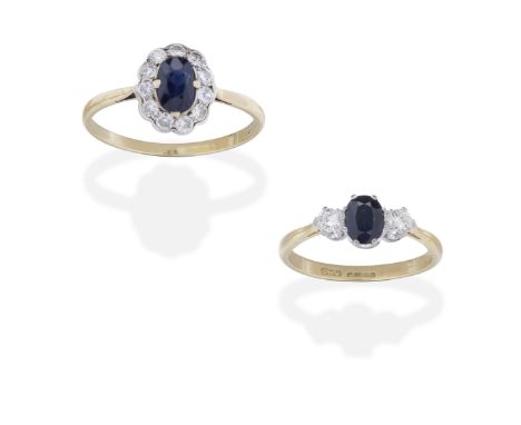 TWO SAPPHIRE AND DIAMOND RINGS1st: The cushion-shaped sapphire within an old brilliant-cut diamond surround, 2nd: The oval-cu