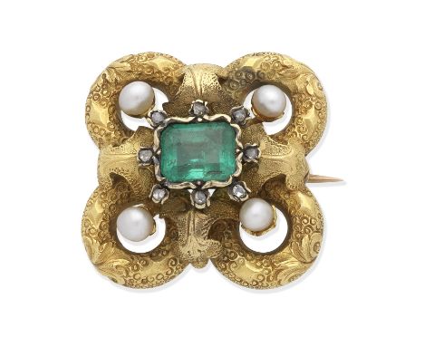 EMERALD, SEED PEARL AND DIAMOND BROOCH, 19TH CENTURYOf quatrefoil design with engraved foliate decoration, set with seed pear