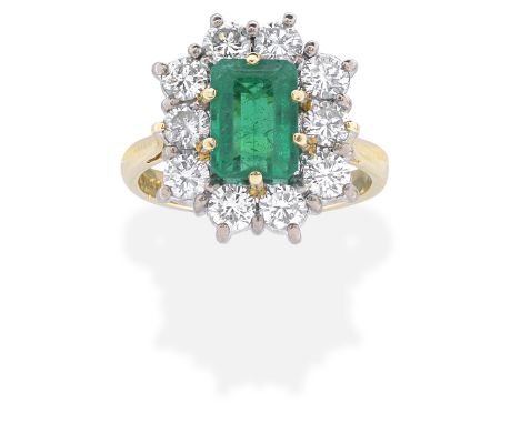 EMERALD AND DIAMOND RING, 1999The step-cut emerald within a brilliant-cut diamond surround, mounted in 18 carat gold, diamond