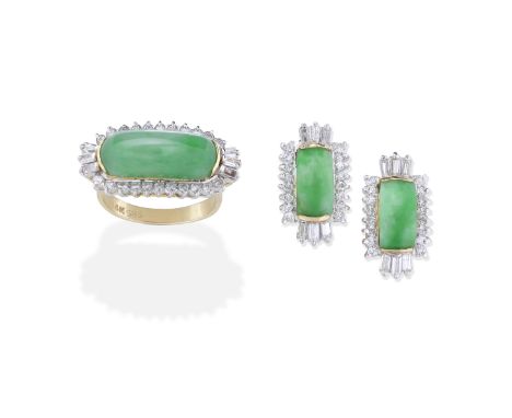 JADE AND DIAMOND EARRINGS AND RING SUITEEach jade cabochon within a brilliant and tapered baguette-cut diamond surround, the 