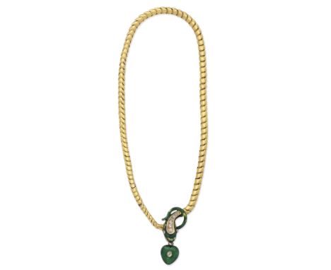 ENAMEL AND DIAMOND SNAKE NECKLACE, MID 19TH CENTURYThe serpents head decorated with green enamel and cushion-shaped diamonds,