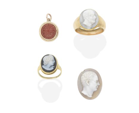 COLLECTION OF CARVED HARDSTONE CAMEO AND INTAGLIO JEWELLERY, 19TH CENTURY1st: The pendant set with the carnelian intaglio dep