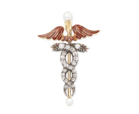 ENAMEL AND DIAMOND CADUCEUS BROOCH, LATE 19TH CENTURYThe two entwined serpents set with cushion-shaped and rose-cut diamonds 