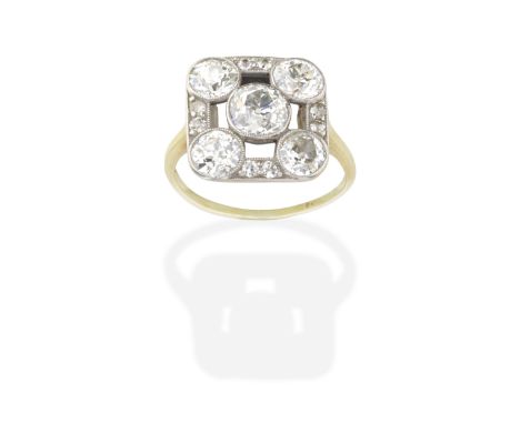 DIAMOND PLAQUE RING, EARLY 20TH CENTURYThe square-shaped plaque set with five cushion and old brilliant-cut diamonds, the fra