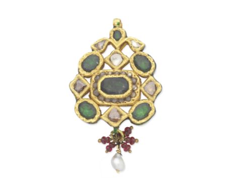 GEM-SET PENDANTSet throughout with table-cut emeralds and table and rose-cut diamonds, some foil backed, the reverse decorate