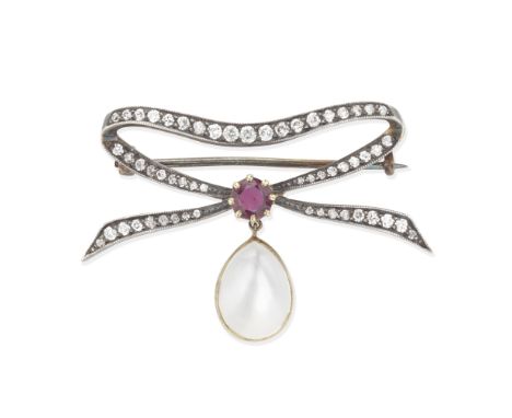 MOONSTONE, DIAMOND AND RUBY BROOCHOf scrolling ribbon design, set with cushion-shaped diamonds, centrally set with a circular