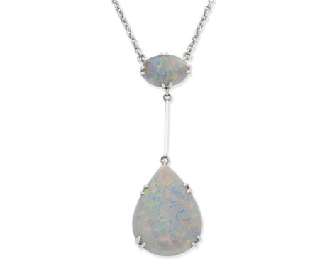 OPAL NECKLACEThe oval opal cabochon, suspending a pear-shaped opal, lengths: pendant 3.9cm, chain 43.5cmFor further informati