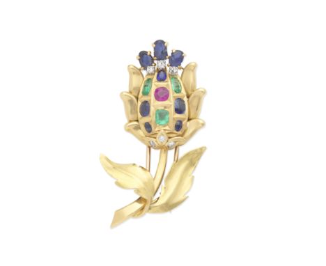 GEM-SET FLOWER BROOCH, CIRCA 1960The flower bud set with oval-cut and cushion-shaped sapphires and emeralds, and a cushion-sh