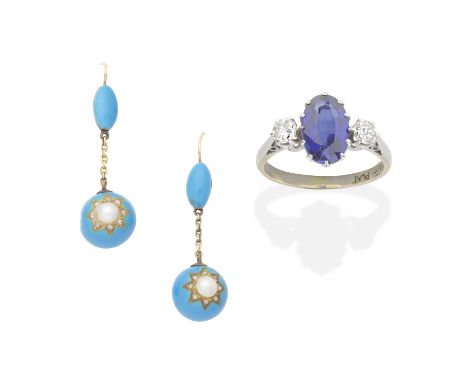 ENAMEL, PEARL AND DIAMOND EARRINGS, 19TH CENTURY; SYNTHETIC SAPPHIRE AND DIAMOND RING1st: Each earring decorated with blue en