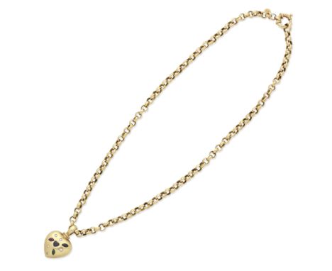 GEM-SET HEART PENDANT/NECKLACEDesigned as a heart, with a heart-shaped sapphire and a pear-shaped ruby, sapphire and emerald,