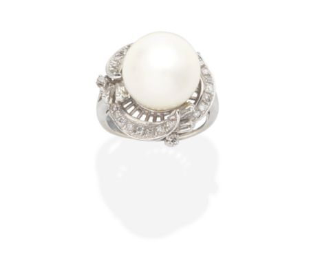 CULTURED PEARL AND DIAMOND RINGThe 11.6mm cultured pearl within a single and baguette-cut diamond openwork surround of scroll