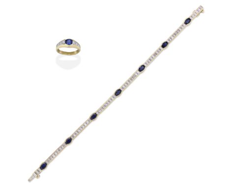 SAPPHIRE AND DIAMOND BRACELET AND RINGThe bracelet designed as a row of princess-cut diamonds, interspersed with oval-cut sap