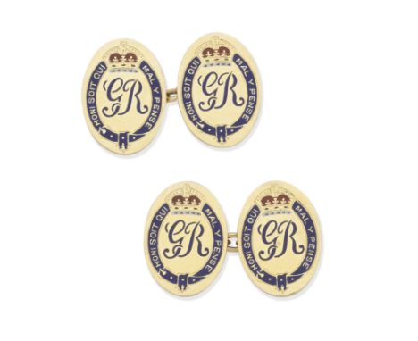 ENAMEL ROYAL PRESENTATION CUFFLINKSDouble-sided, each oval plaque with the cypher of George V, encircled by the Order of the 
