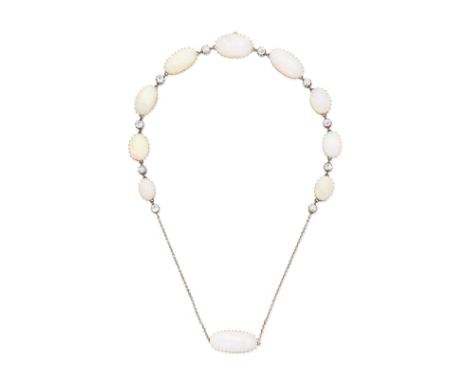 OPAL AND DIAMOND NECKLACE, CIRCA 1890Set with graduating oval opal cabochons, with alternating cushion-shaped diamonds in pin