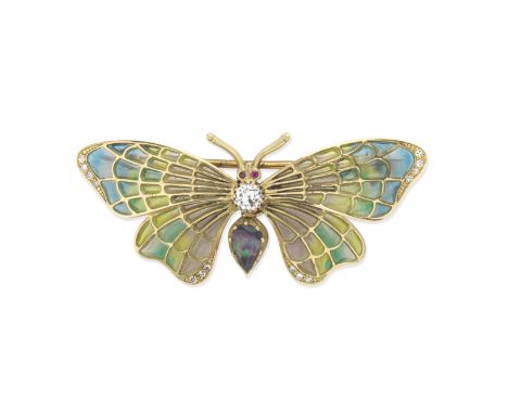 ENAMEL AND GEM-SET BUTTERFLYThe blue/green/yellow plique-à-jour enamel wings accented by single-cut diamonds, the thorax set 