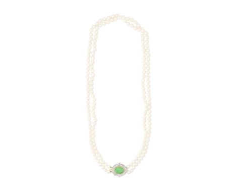 CULTURED PEARL NECKLACE WITH JADE AND DIAMOND CLASPThe two rows of 7.4mm cultured pearls, on a clasp set with a jade cabochon