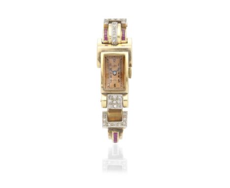 TITUS: RUBY AND DIAMOND COCKTAIL WATCH, CIRCA 1940The rectangular dial with Arabic numerals between lugs of odeonesque design