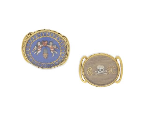 TWO 'STUART CRYSTAL' SLIDES, 17TH-18TH CENTURY1st: The white enamel skull between the threadwork initials, EH, over strands o