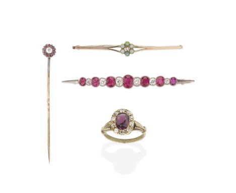 COLLECTION OF GEM-SET JEWELLERY 19TH - 20TH CENTURY1st: The bar brooch set with alternating synthetic oval-cut rubies and cus