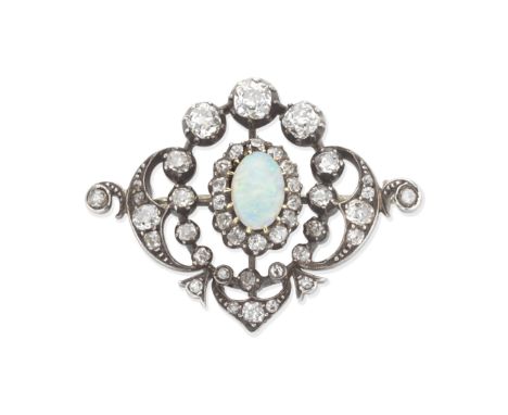 OPAL AND DIAMOND BROOCH, CIRCA 1890Of openwork design, set with an oval-cut opal cabochon, within a cushion-shaped and rose-c