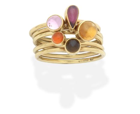 WENDY RAMSHAW: FIVE GEM-SET RINGS, 1971Each with a raised collet-set with circular or pear-shaped cabochon vari-coloured gems