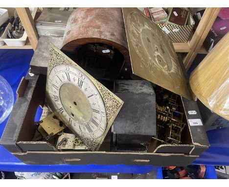 Box of various mantel clock movements, clock cases, brass long case clock faces etc