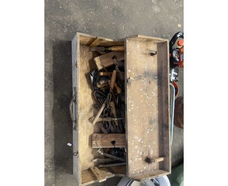 Vintage wooden toolbox and contents