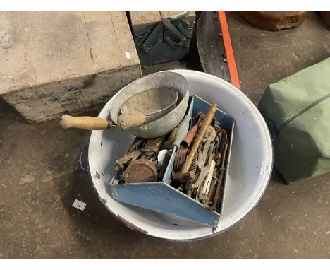 Circular enamel bowl plus various assorted tools, galvanised scoops etc