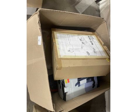 Mixed box of tools and appliances to include heat gun, camping lamp, extension lead etc