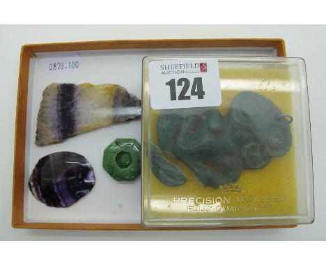 A Maori (New Zealand) Carved Greenstone Hei-Tiki Pendant, (damage); together with a Blue John slice, approximately 6.5cm long