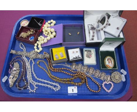 Assorted Vintage Bead Necklaces, ladies wristwatch and matching bracelet, earrings, vintage filigree panel bracelet 'To My Da