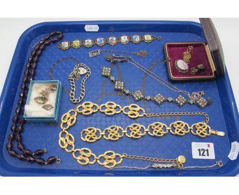 A Vintage Micromosaic Panel Bracelet, a vintage enamel panel bracelet, an oval cameo style pendant, a gilt metal costume neck
